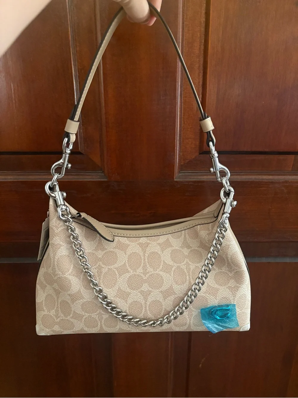 Coach Beige Signature Canvas Hobo with Silver Chain Detail